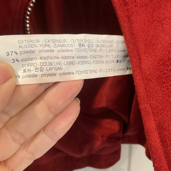 Zara Trafaluc red faux suede biker jacket, multiple zippers, belted waist. Sz S - Picture 9 of 13